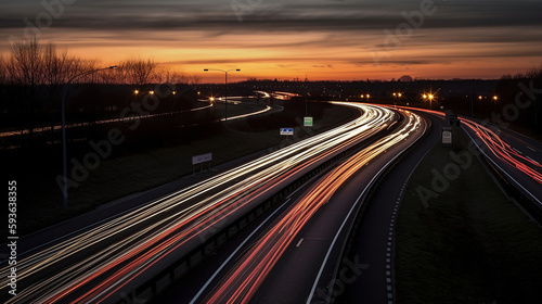 Long exposure photo of traffic on the move at dusk on the M40 motorway in England  generative ai