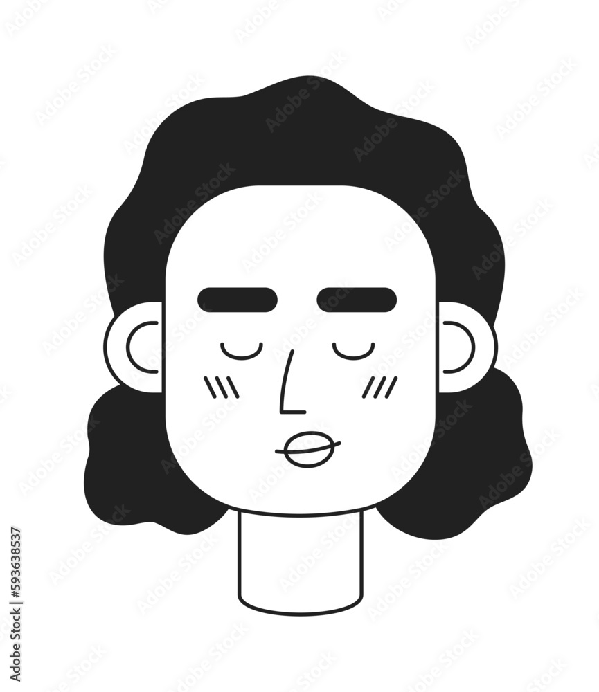 Relieved lady with closed eyes monochromatic flat vector character head. Editable black white cartoon face emotion. Hand drawn lineart ink spot illustration for web graphic design, animation Relieved lady with closed eyes monochromatic flat vector character head. Editable black white cartoon face emotion. Hand drawn lineart ink spot illustration for web graphic design, animation