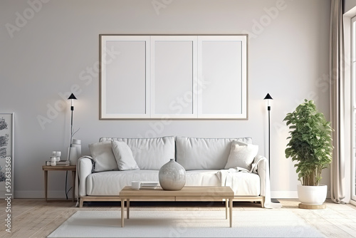 Frame mockup in modern living room with empty poster frame. Ai generative © chandlervid85