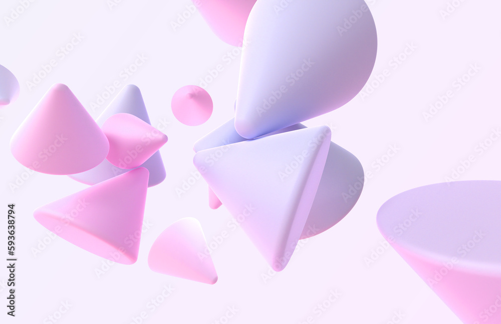 3D background with matt geometric shapes. Flying cones, triangles or pyramids with gradient texture, abstract figures in pastel colors, digital design elements, futuristic web banner. 3D illustration