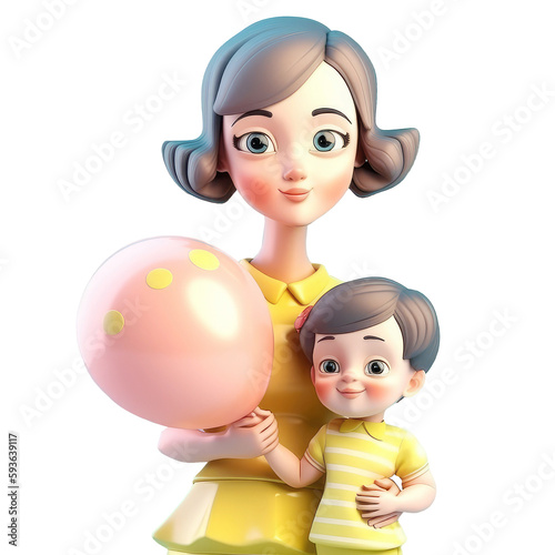 3d icon cute Little boy hug her mother statuette. Mom and son love as family greeting card. Mothers day concept media Cartoon minimal style on isolated transparent background png. Generative ai