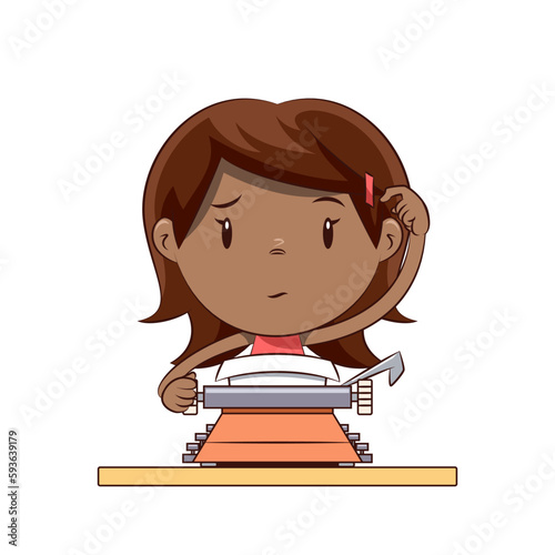 Girl writing on typewriter, writer, creative block, thinking