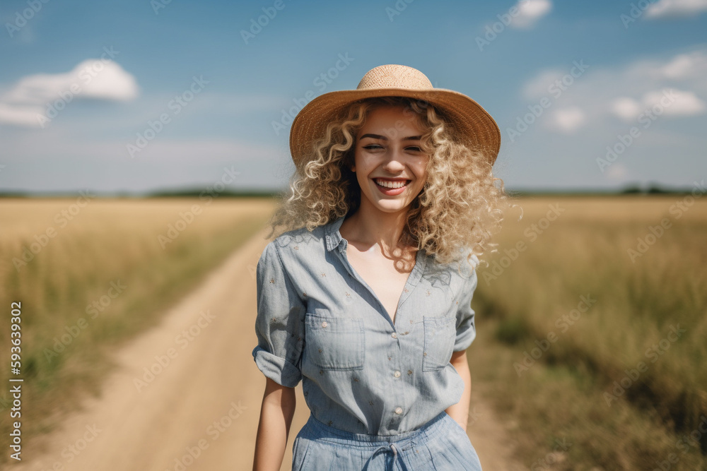 Beautiful blond curly hair girl in summer country clothes in the country. The girl is walking through a field and smiling. Generative AI