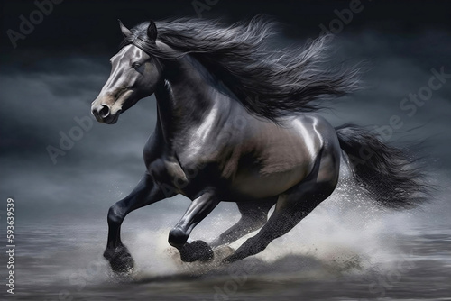 Beautiful strong gray horse elegant portrait, running in fog with dark stormy cloudy sky and water splatter, created with Generative AI technology
