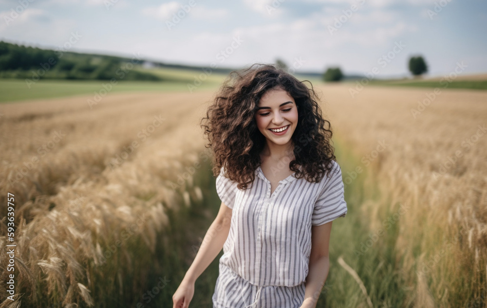 Beautiful brunette curly hair girl in summer country clothes in the country. The girl is walking through a field and smiling. Human and nature concept. Generative AI Beautiful brunette curly hair girl in summer country clothes in the country. The girl is walking through a field and smiling. Human and nature concept. Generative AI