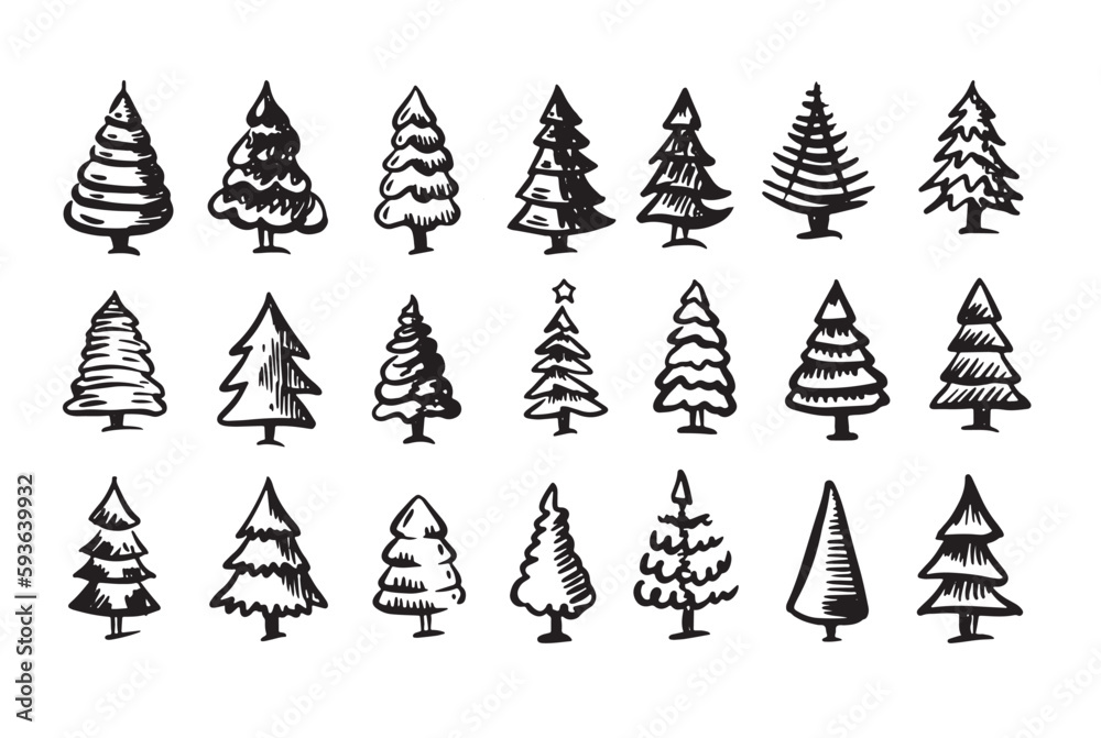 Christmas tree set, Hand drawn illustrations.
Christmas tree set, Hand drawn illustrations.