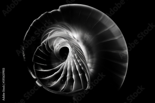 Black and white artistic conceptual illustration of a beautiful snail shell closeup. Generative AI