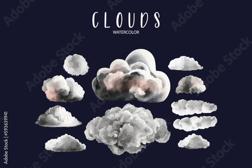 clouds set on isolated dark background, cloud watercolor illustration