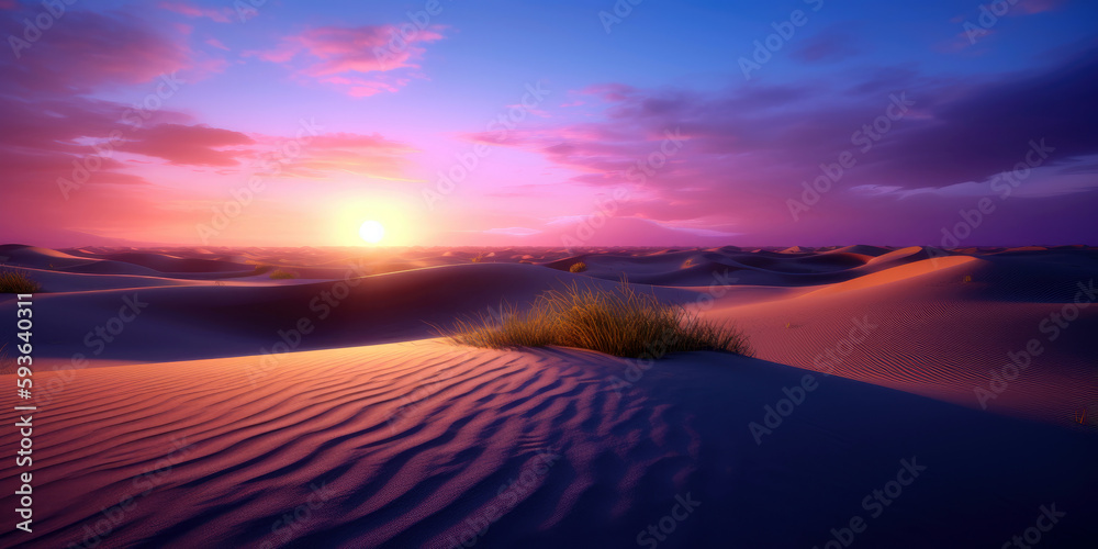 vibrant pink desert landscape sunset, generative ai