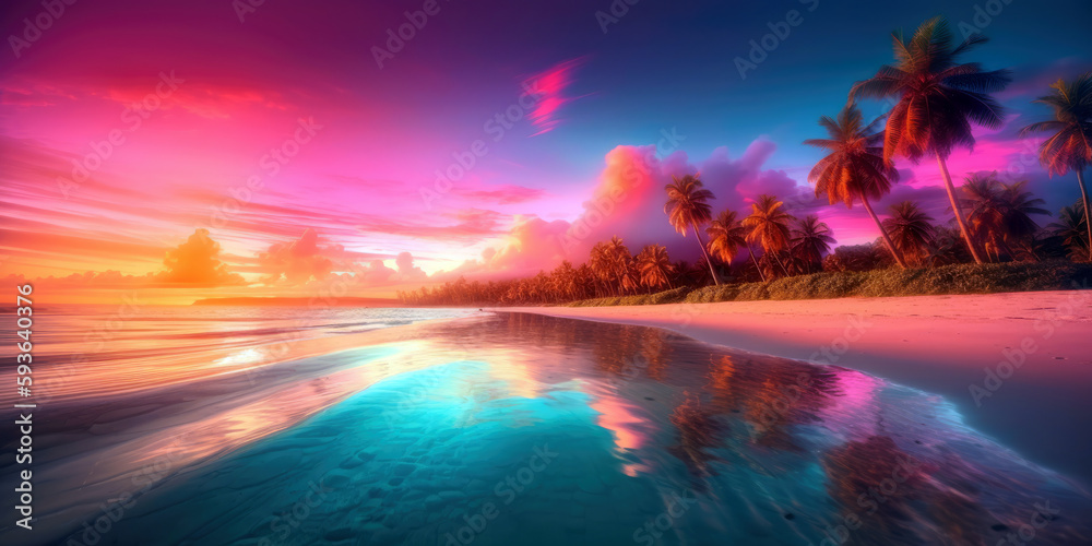 vibrant sunset over a tropical beach, with hot pink clouds contrasting against the turquoise sky, generative ai