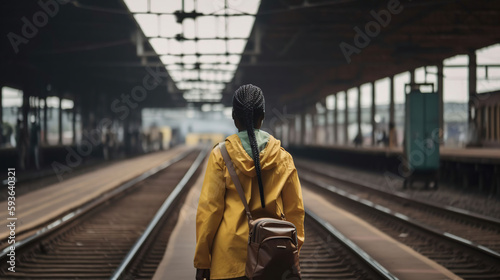 African woman on the railway station before her trip between two highway trains waiting for departure on the platform indoors of a railroad depot, generative ai