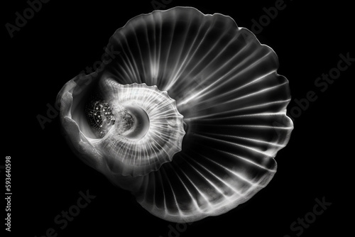 Black and white artistic conceptual illustration of a beautiful seashell closeup. Generative AI