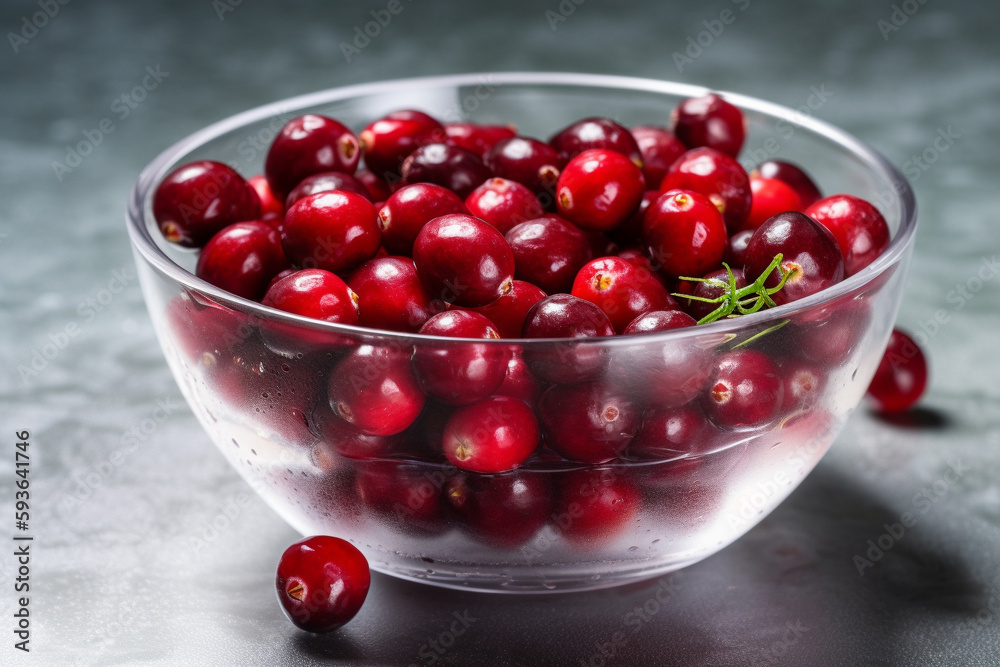 Fresh red cranberries in a glass bowl with water droplets. Conceptual illustration. Generative AI Fresh red cranberries in a glass bowl with water droplets. Conceptual illustration. Generative AI