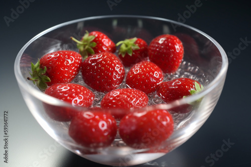 Fresh red strawberries in a glass bowl with water droplets. Conceptual illustration. Generative AI