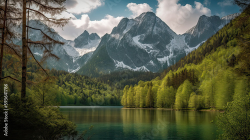 Beautiful green forest with a lake and snow capped mountains in the background. Generative AI.