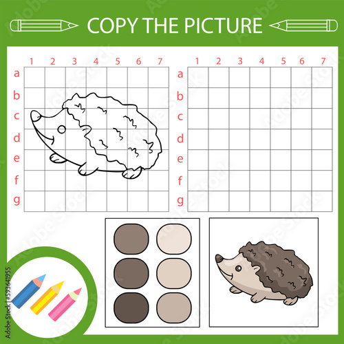 Kids education activity art game. Copy the picture of hedgehog. Kids worksheet. Children drawing lesson. 