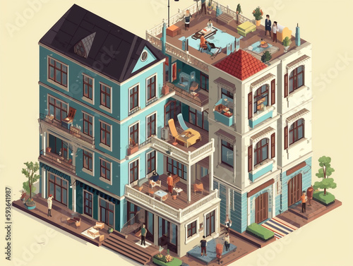 Set of isometric facades of multi-story houses. The design of an old-style house with a balcony that maintains a retro style. Cartoon style with pastel color background. © Aisyaqilumar