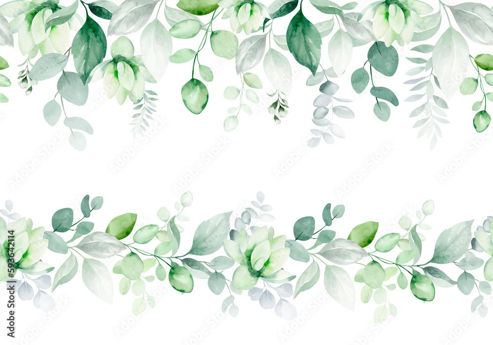 Green floral elegant seamless border.Watercolor pastel tropical plants on white background.