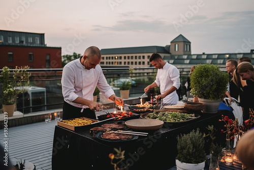 Chef cooking at a live station at a corporate party on a terrace outside. Generative AI