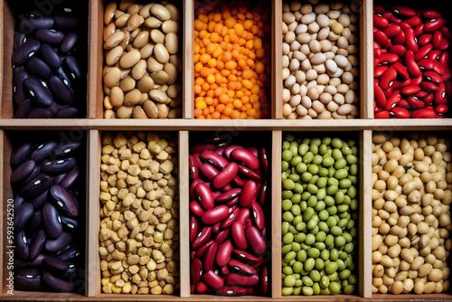 Different types of colorful beans arranged in boxes. Conceptual illustration. Generative AI