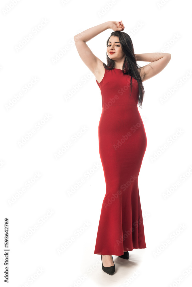 young attractive long hair brunette model woman in red dress gesturing on white background
