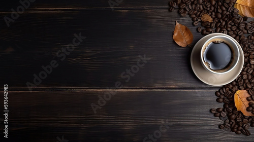 Coffee cup and beans on old kitchen table. Top view with copyspace for your text, generative ai