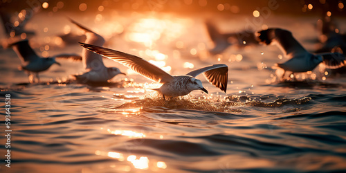 A view of several seagulls flying in the water. 