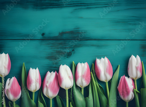 Pink tulips flowers on vintage wooden background top view in flat lay style. Greeting for women or Mothers Day or sale banner.