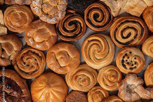 Different types of freshly baked pastries. Conceptual illustration. Generative AI