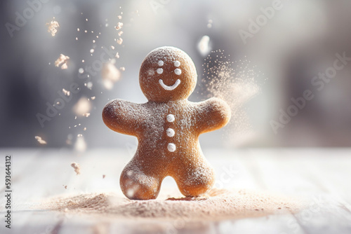 A happy gingerbread man dancing on the kitchen table. Generative AI photo
