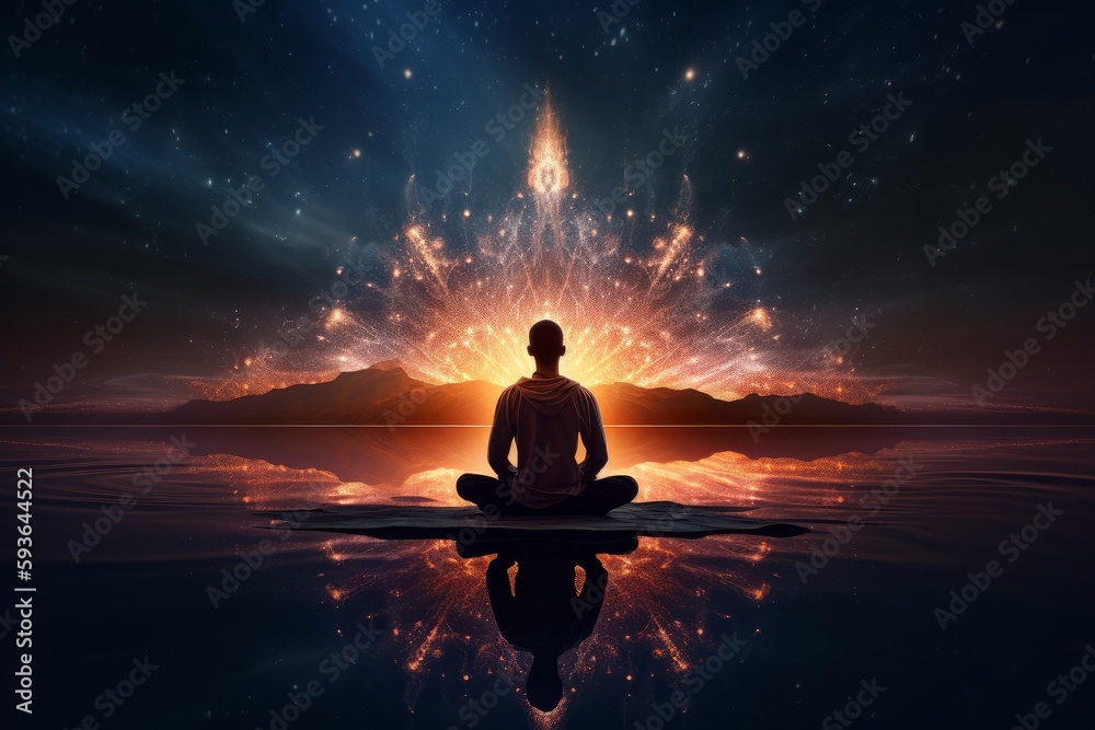 Serene man meditating under a glowing sky, Generative AI