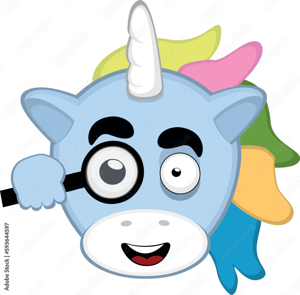 vector illustration face of a cartoon unicorn observing with a magnifying glass vector illustration face of a cartoon unicorn observing with a magnifying glass