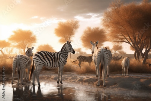 A detailed illustration of a group of animals  such as zebras or gazelles  in their natural habitat  Generative AI