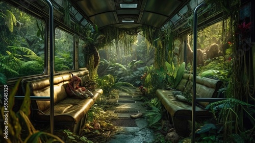 Abandoned bus in jungle. Generative AI