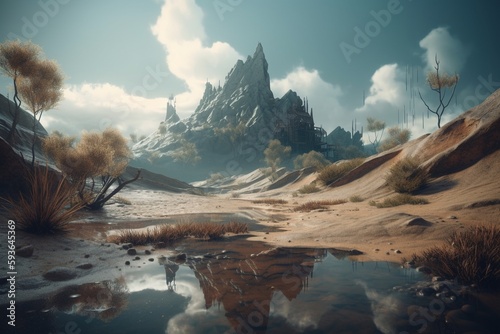 A surreal illustration of a distorted or manipulated natural landscape, Generative AI
