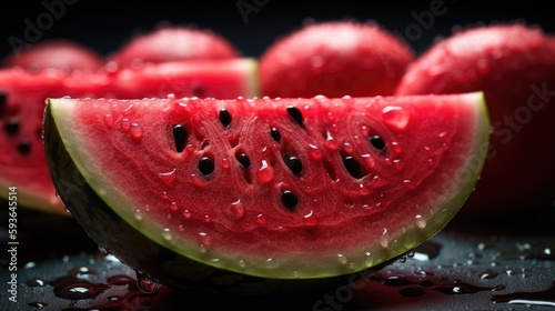 Nahaufnahme von einer aufgeschnitten, frischen Wassermelone mit Wassertropfen auf schwarzem Hintergrund, Generative AI photo