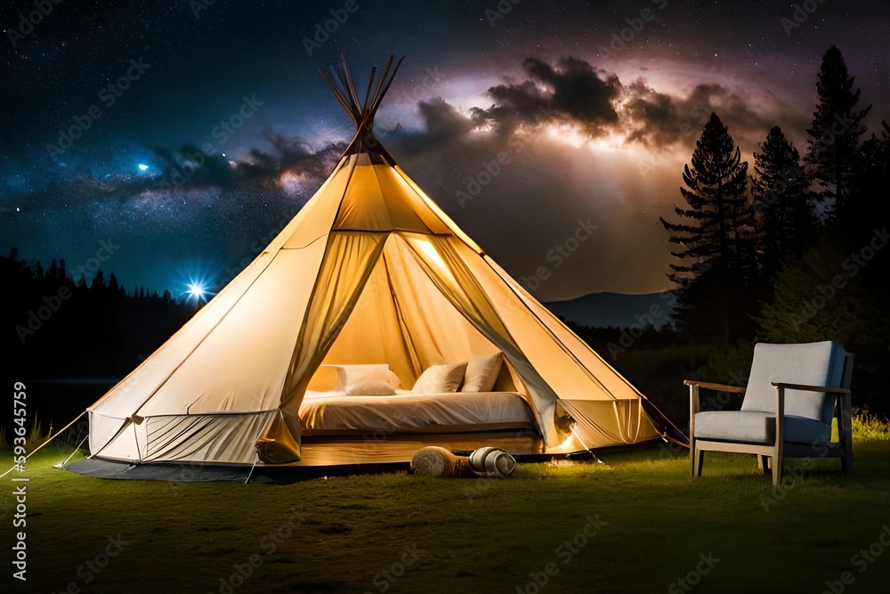 glamping. luxury glamorous camping. glamping in the beautiful countryside at night with light