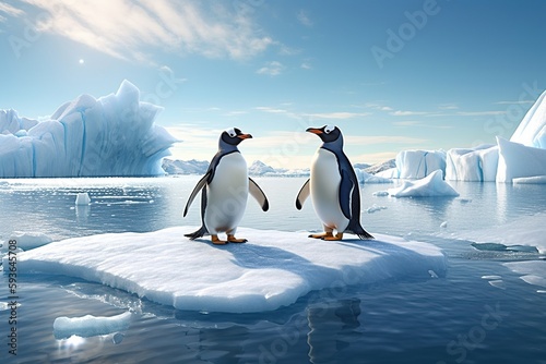 penguins stand on melting ice in Arctic Ocean at daytime. Generative AI