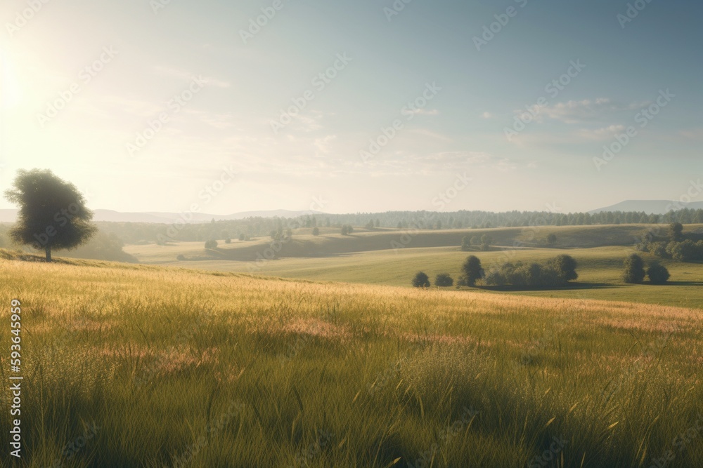 A minimalist landscape with a peaceful countryside or pasture, Generative AI