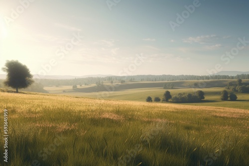 A minimalist landscape with a peaceful countryside or pasture, Generative AI