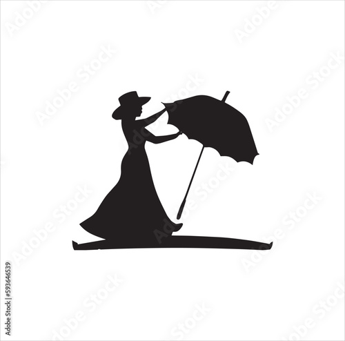 A woman with umbrella silhouette vector art.