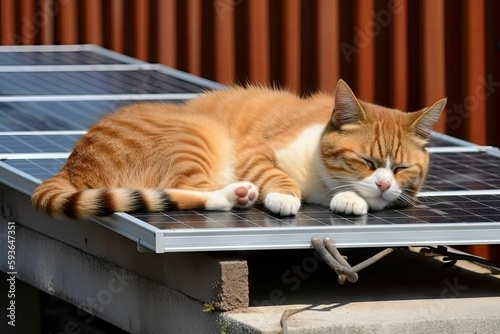 cat sleps on solar panel. Generative ai photo