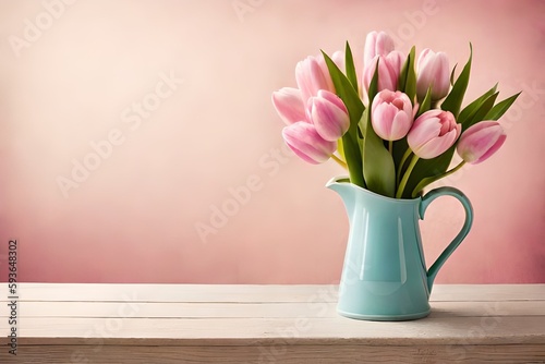 pink tulips in vase on table  pink background  Tulip border with copy space. Beautiful frame composition of spring flowers. Bouquet of pink tulips flowers 