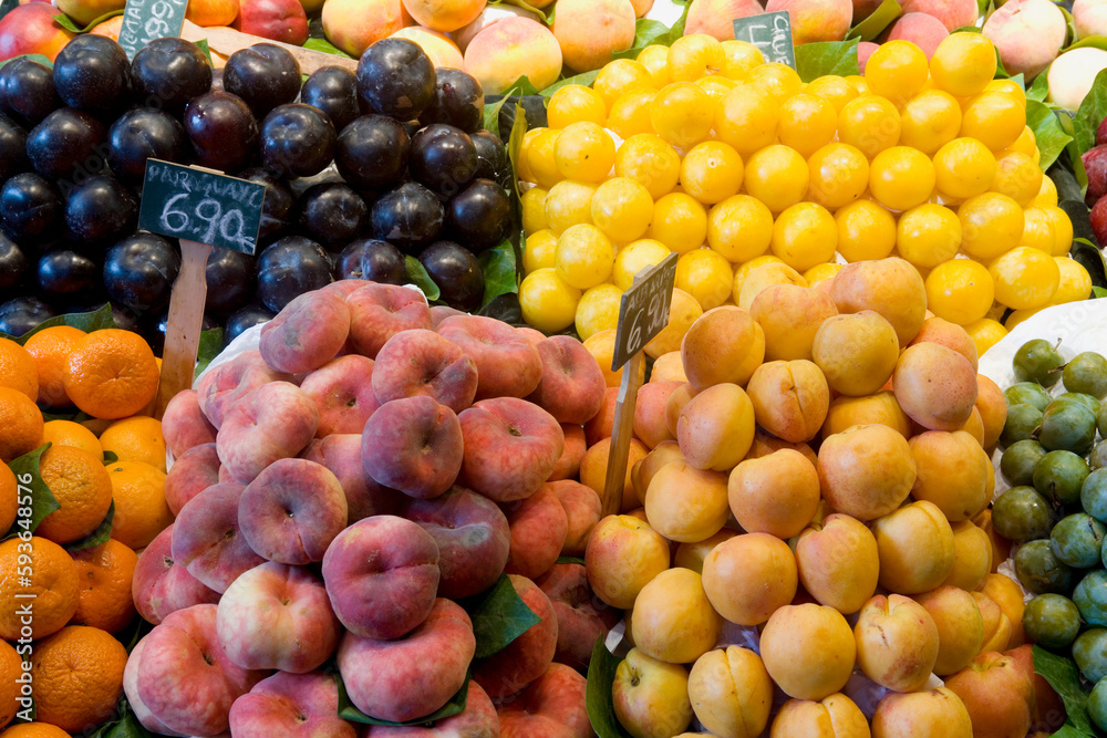 Fruit for sale on a market stall, Barcelona, Spain Fruit for sale on a market stall, Barcelona, Spain
