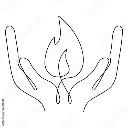 Human hands hold burning fire flame continuous line drawing art. Vector illustration isolated on white.