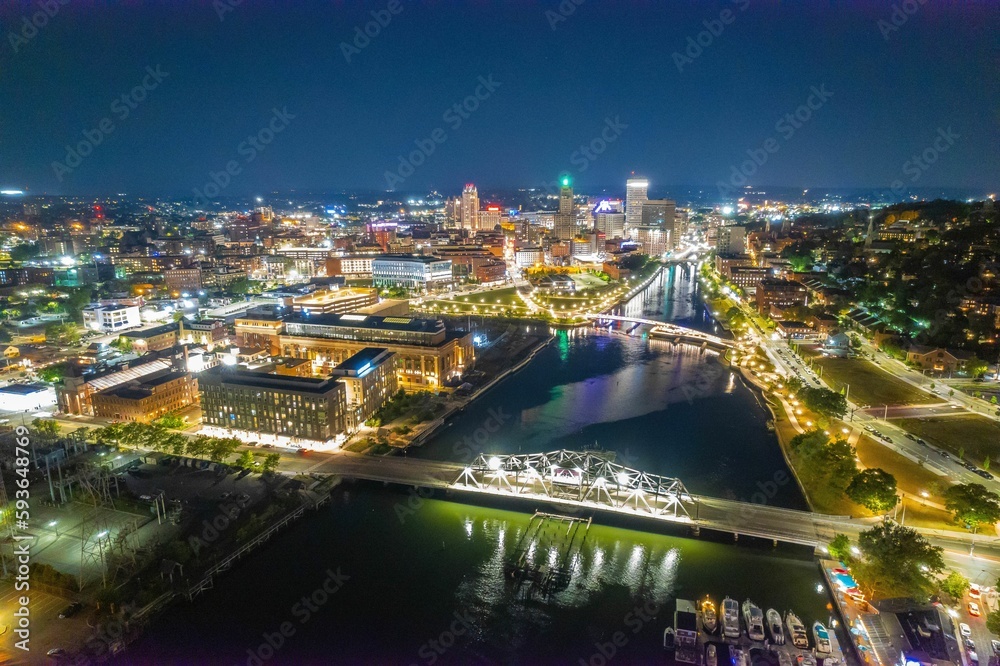 Aerial view of cityscape Providence surrounded by buildings in night