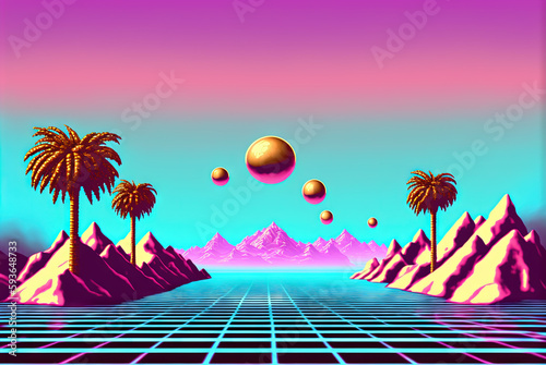 Abstract vaporwave scene with golden ball on the landscape with mountains. 80s styled pink and blue surreal composition. Generated AI.