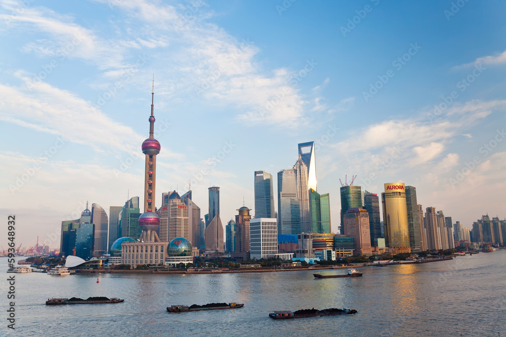 Fototapeta premium Barges and Pudong skyline, Shanghai, China