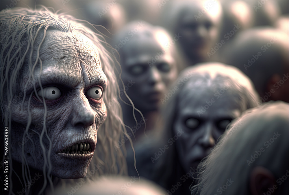 Zombie head with scary face in the crowd during the zombie apocalypse. Horror theme for Halloween or game party ad. Generated AI. Zombie head with scary face in the crowd during the zombie apocalypse. Horror theme for Halloween or game party ad. Generated AI.