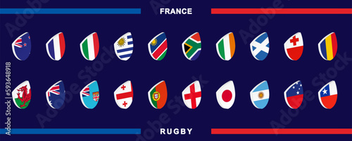 Icon set with the national teams flag for the 2023 rugby competition. Each participants world championship icon. photo